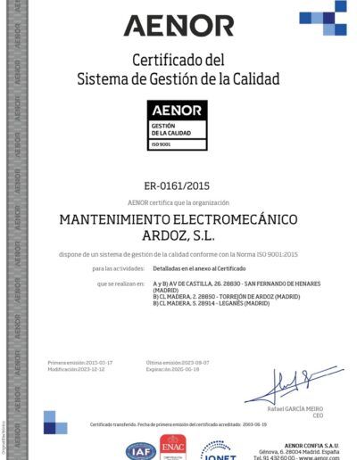 CERT. AENOR GESTION DE CALIDAD ISO 9001