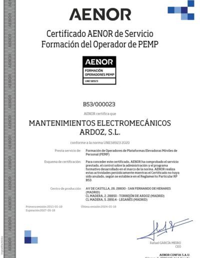 CERTIFICADO PEMP UNE 58923